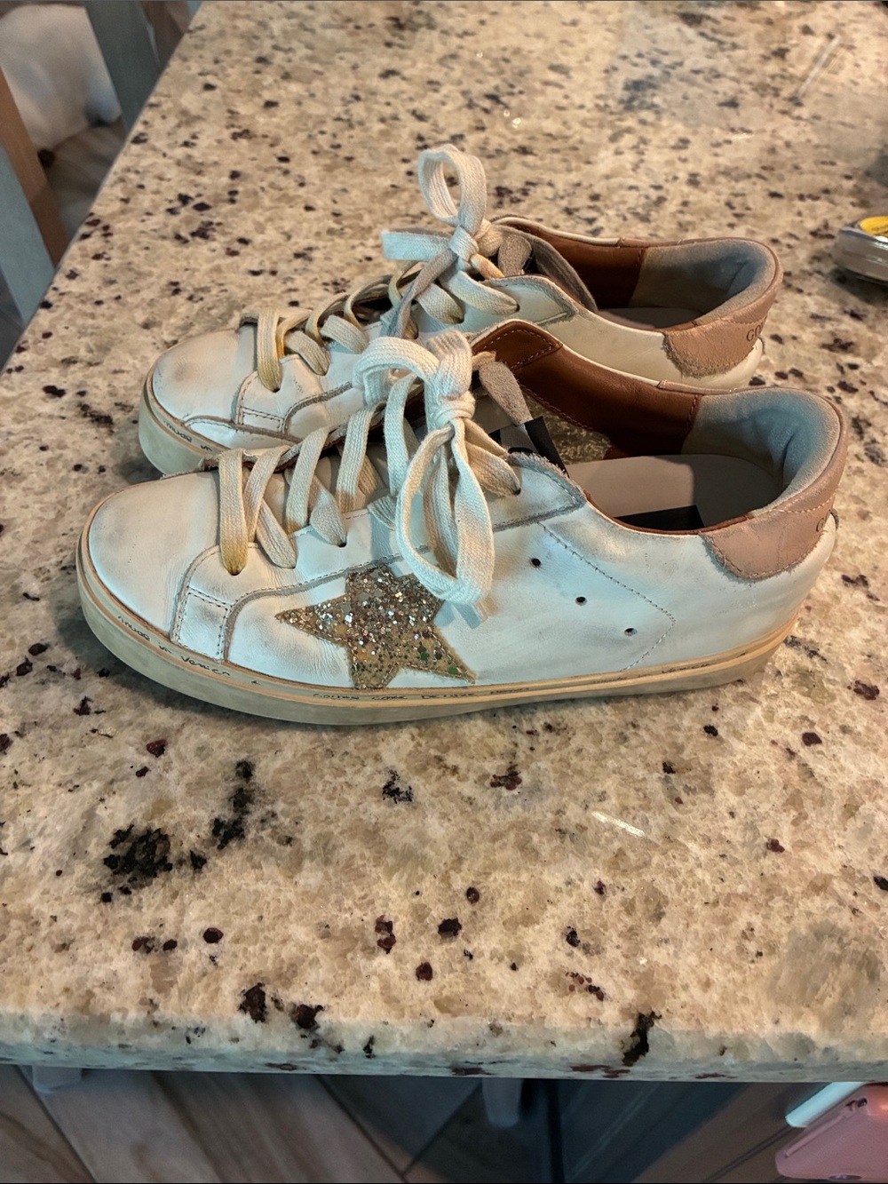 Golden Goose White Sneakers with Gold Glitter Star and Tan Heel Collar